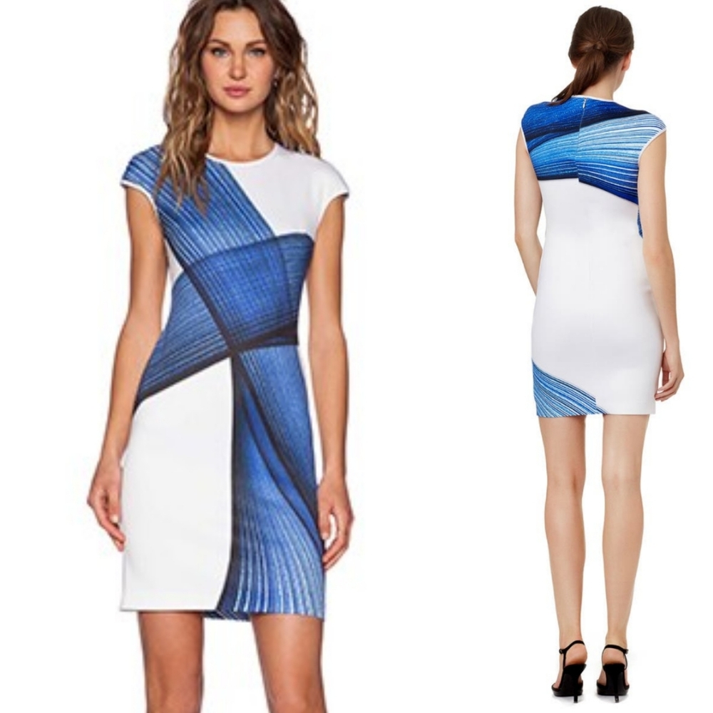 Clover Canyon White and Blue Abstract Sheath Dress